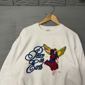 Jerzees Peace on Earth Angel Graphic Sweatshirt XL WhiteL ong Sleeve Made in USA